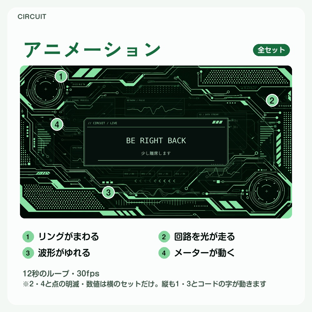 【動く配信画面】緑に光る回路基板 CIRCUIT 待機・雑談・ゲーム・離席・終了|横・縦えらべる5セット|コンプリートはアラート・切り替えつき