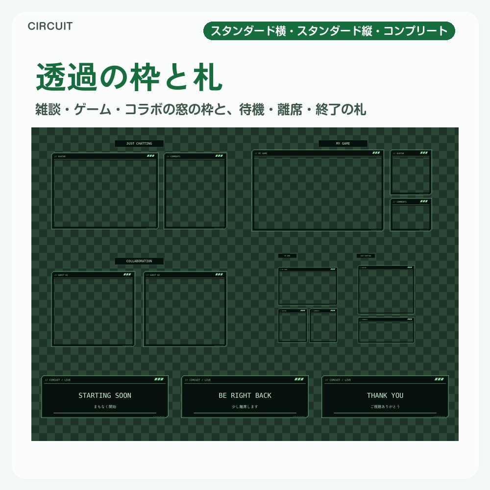 【動く配信画面】緑に光る回路基板 CIRCUIT 待機・雑談・ゲーム・離席・終了|横・縦えらべる5セット|コンプリートはアラート・切り替えつき