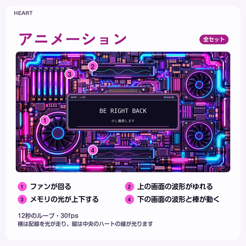【動く配信画面】ネオンに光るPCの基板とファン HEART 待機・雑談・ゲーム・離席・終了|横・縦えらべる5セット|コンプリートはアラート・切り替えつき