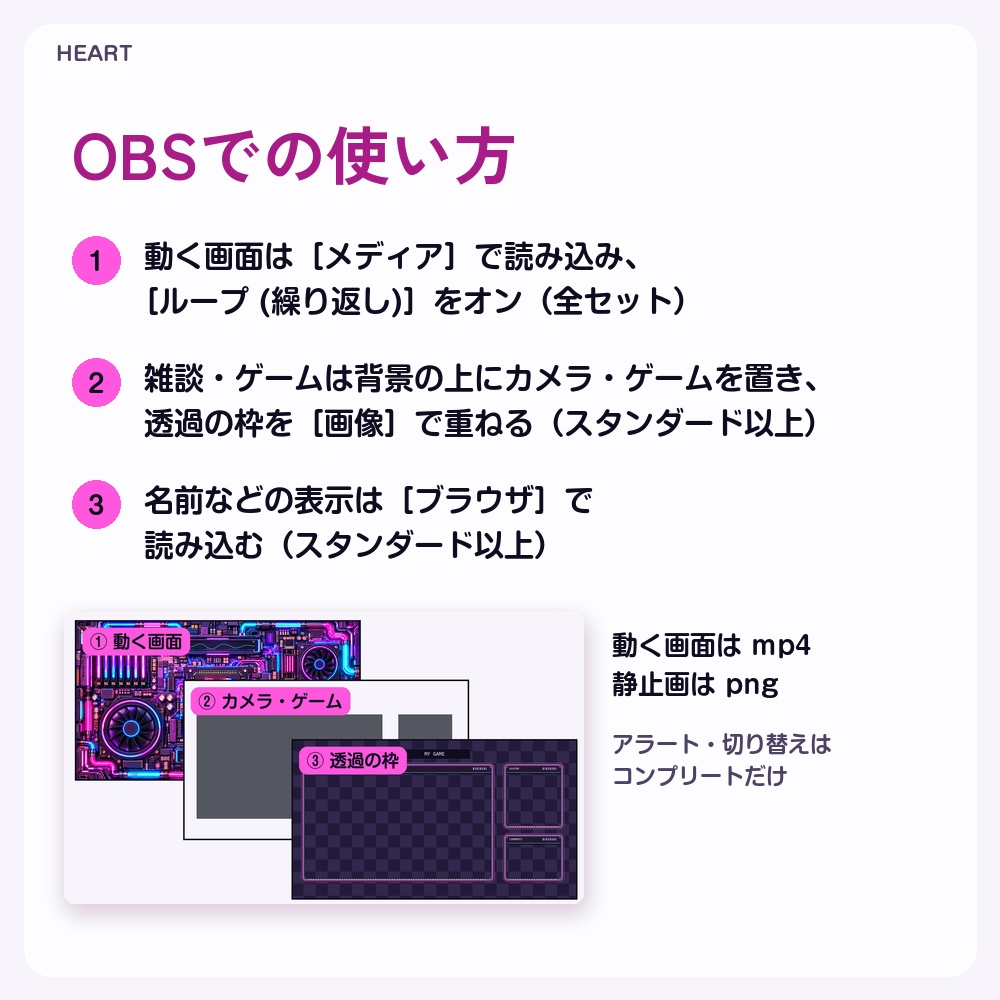 【動く配信画面】ネオンに光るPCの基板とファン HEART 待機・雑談・ゲーム・離席・終了|横・縦えらべる5セット|コンプリートはアラート・切り替えつき