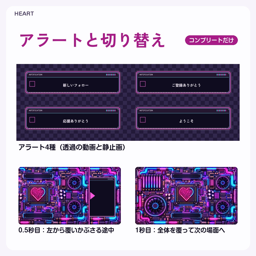 【動く配信画面】ネオンに光るPCの基板とファン HEART 待機・雑談・ゲーム・離席・終了|横・縦えらべる5セット|コンプリートはアラート・切り替えつき