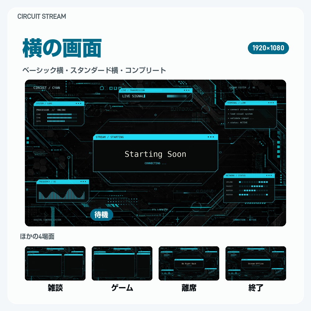 【動く配信画面】水色に光る回路とPC画面 CIRCUIT STREAM 待機・雑談・ゲーム・離席・終了|横・縦えらべる5セット