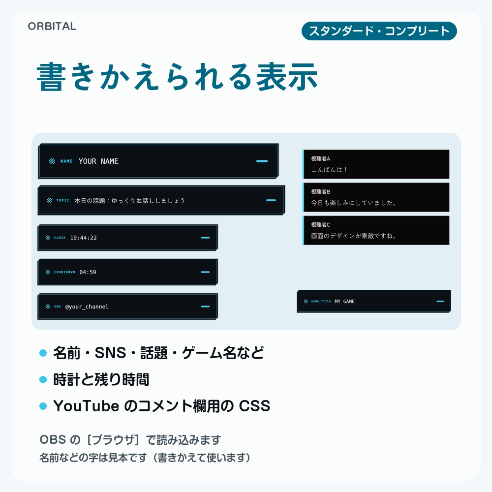 【動く配信画面】宇宙ミッションのサイバーHUD ORBITAL 待機・雑談・ゲーム・離席・終了|横・縦えらべる5セット|コンプリートはアラート・切り替えつき