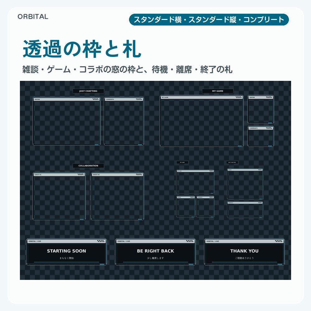 【動く配信画面】宇宙ミッションのサイバーHUD ORBITAL 待機・雑談・ゲーム・離席・終了|横・縦えらべる5セット|コンプリートはアラート・切り替えつき