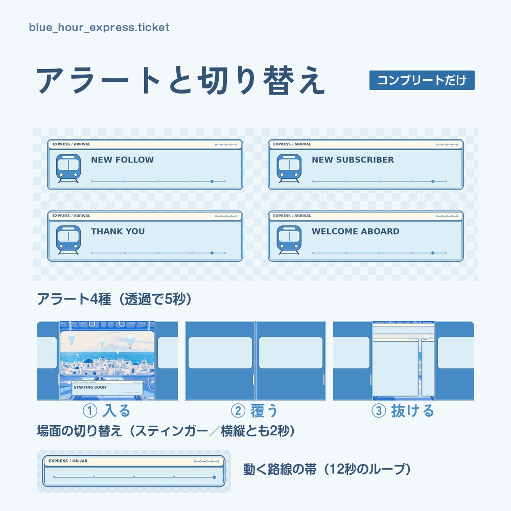 【動く配信画面】海辺の街を走る列車の車窓 BLUE HOUR EXPRESS 待機・雑談・ゲーム・離席・終了|横・縦えらべる5セット