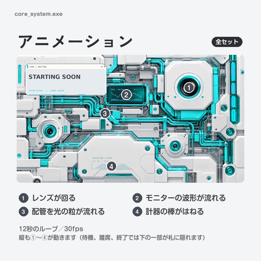 【動く配信画面】白い機械と光る配管のメカ CORE SYSTEM 待機・雑談・ゲーム・離席・終了|横・縦えらべる5セット