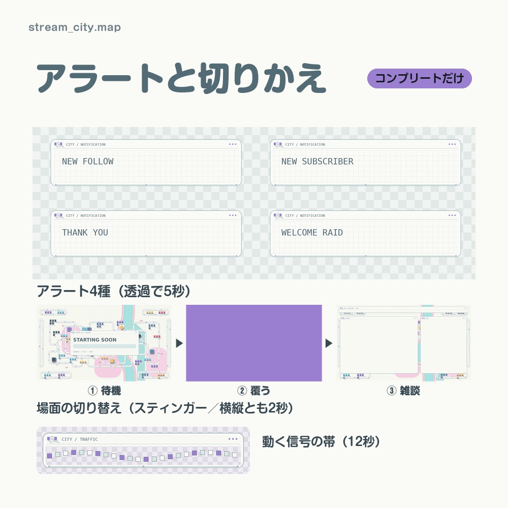 【動く配信画面】パステルの街の地図 STREAM CITY 待機・雑談・ゲーム・離席・終了|横・縦えらべる5セット