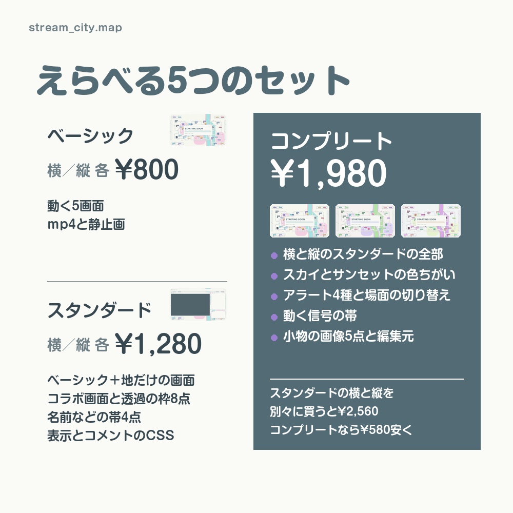 【動く配信画面】パステルの街の地図 STREAM CITY 待機・雑談・ゲーム・離席・終了|横・縦えらべる5セット