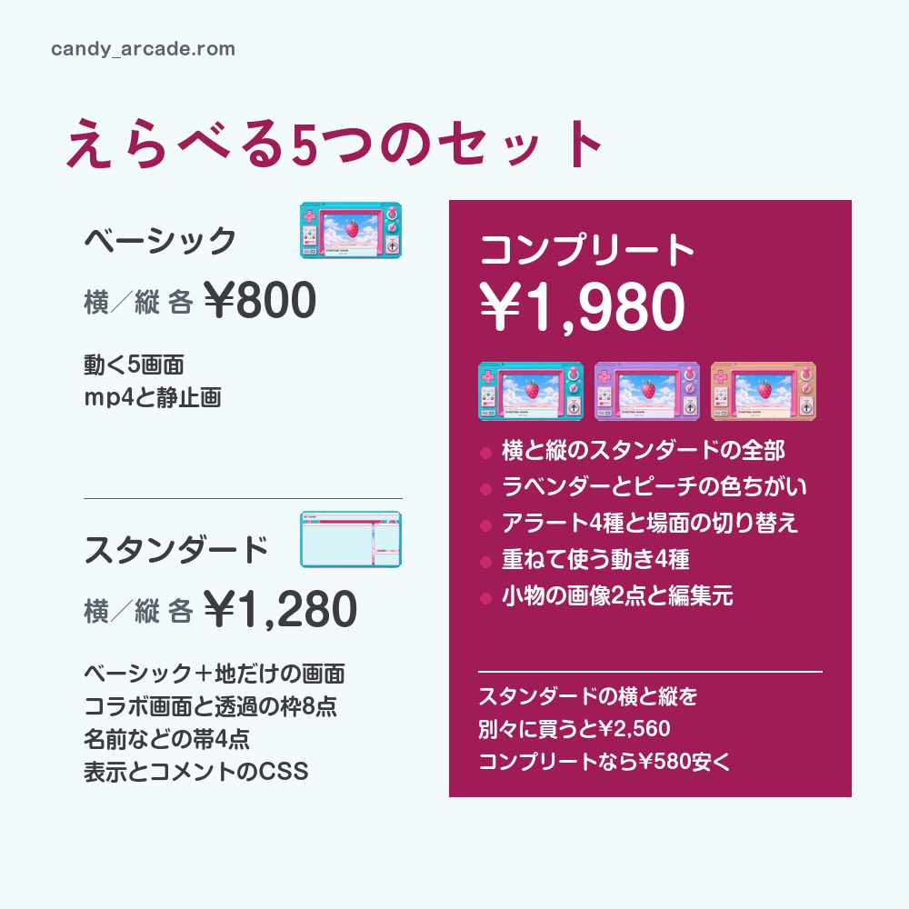 【動く配信画面】いちごが浮かぶゲーム機 CANDY ARCADE 待機・雑談・ゲーム・離席・終了|横・縦えらべる5セット