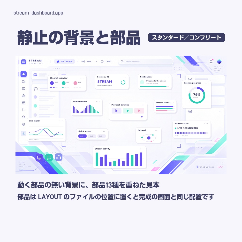 【動く配信画面】グラフとゲージが動く白いダッシュボード STREAM DASHBOARD 待機・雑談・ゲーム・離席・終了|横・縦えらべる5セット