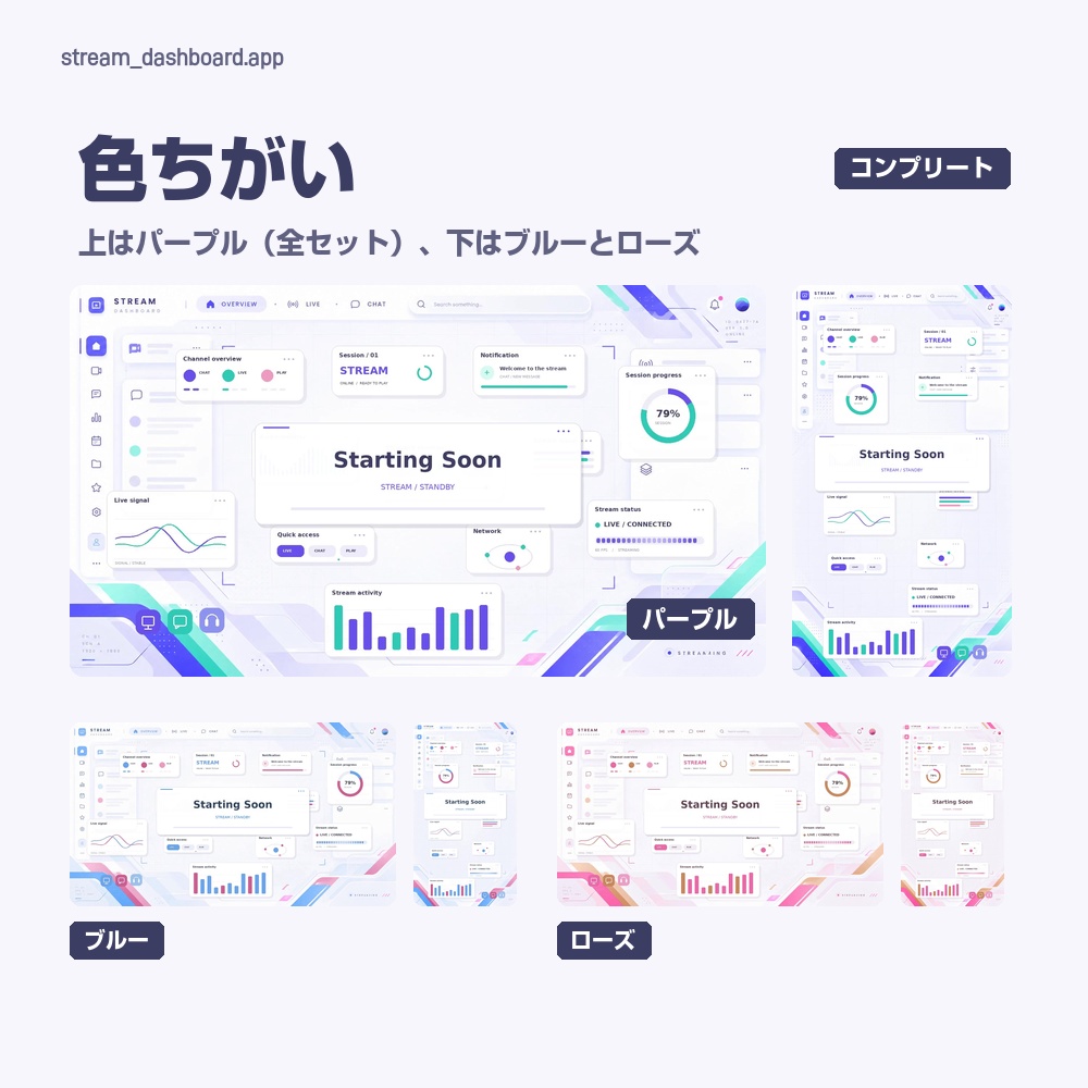 【動く配信画面】グラフとゲージが動く白いダッシュボード STREAM DASHBOARD 待機・雑談・ゲーム・離席・終了|横・縦えらべる5セット