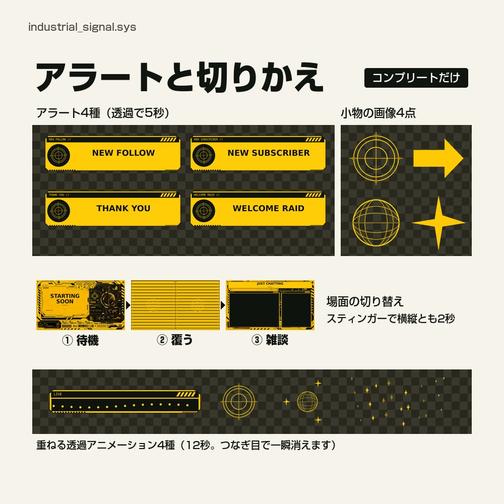 【動く配信画面】黄色と黒の警告ラインと回路のパネル INDUSTRIAL SIGNAL 待機・雑談・ゲーム・離席・終了|横・縦えらべる5セット