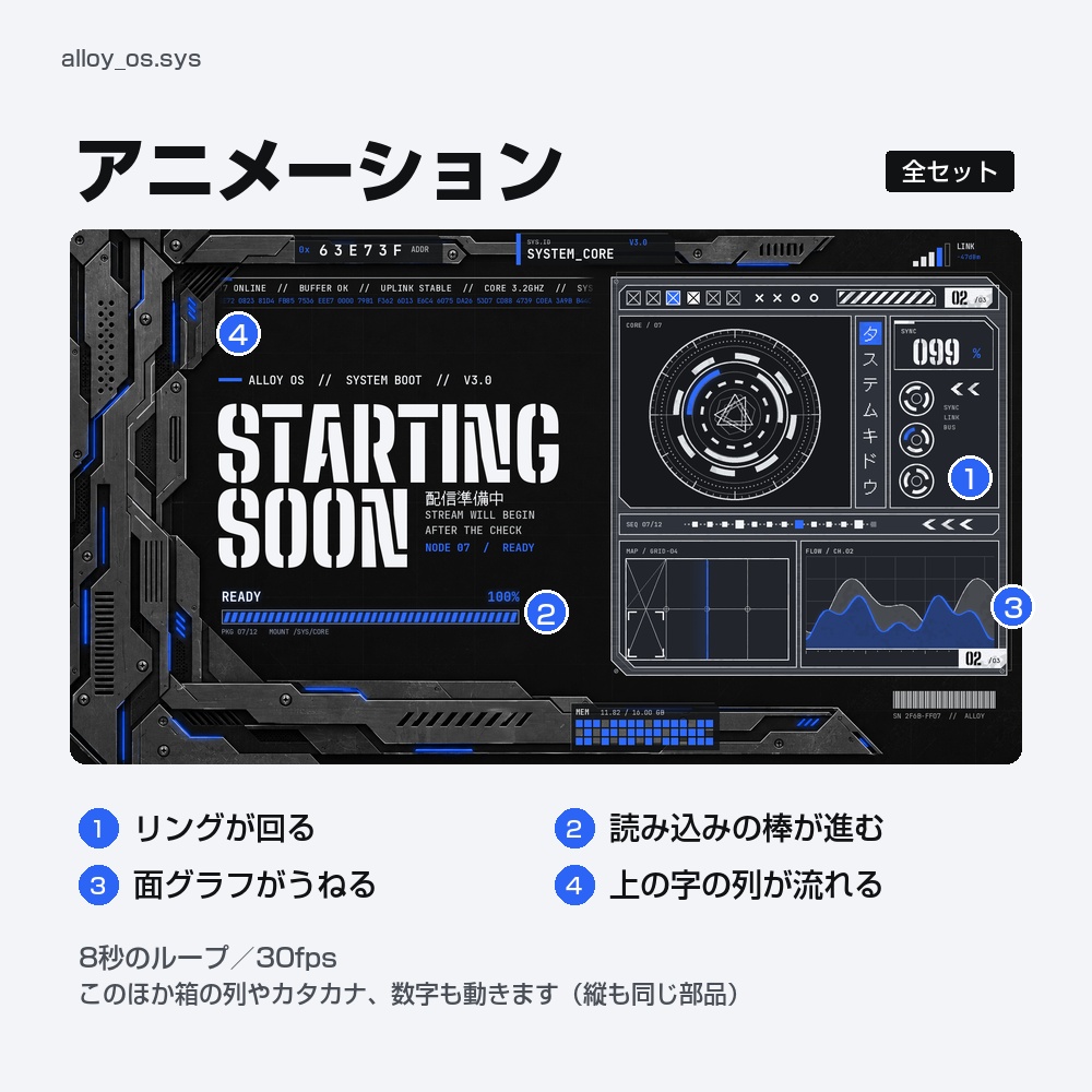 【動く配信画面】暗い金属と青い光のゲーミングOS ALLOY OS 待機・雑談・ゲーム・離席・終了|横・縦えらべる5セット