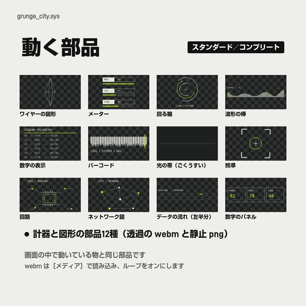 【動く配信画面】白黒の近未来都市とライムの計器 GRUNGE CITY 待機・雑談・ゲーム・離席・終了|横・縦えらべる5セット
