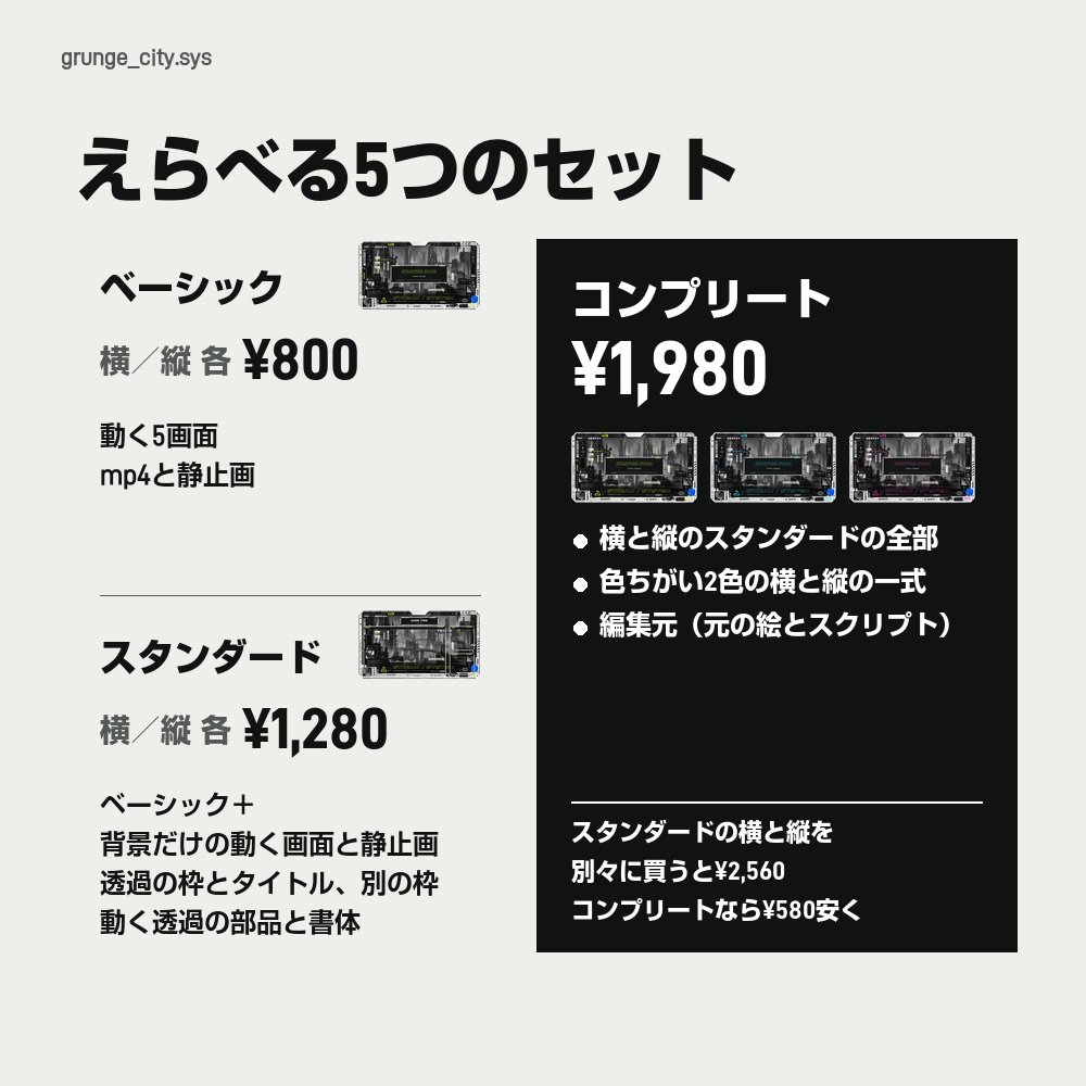 【動く配信画面】白黒の近未来都市とライムの計器 GRUNGE CITY 待機・雑談・ゲーム・離席・終了|横・縦えらべる5セット