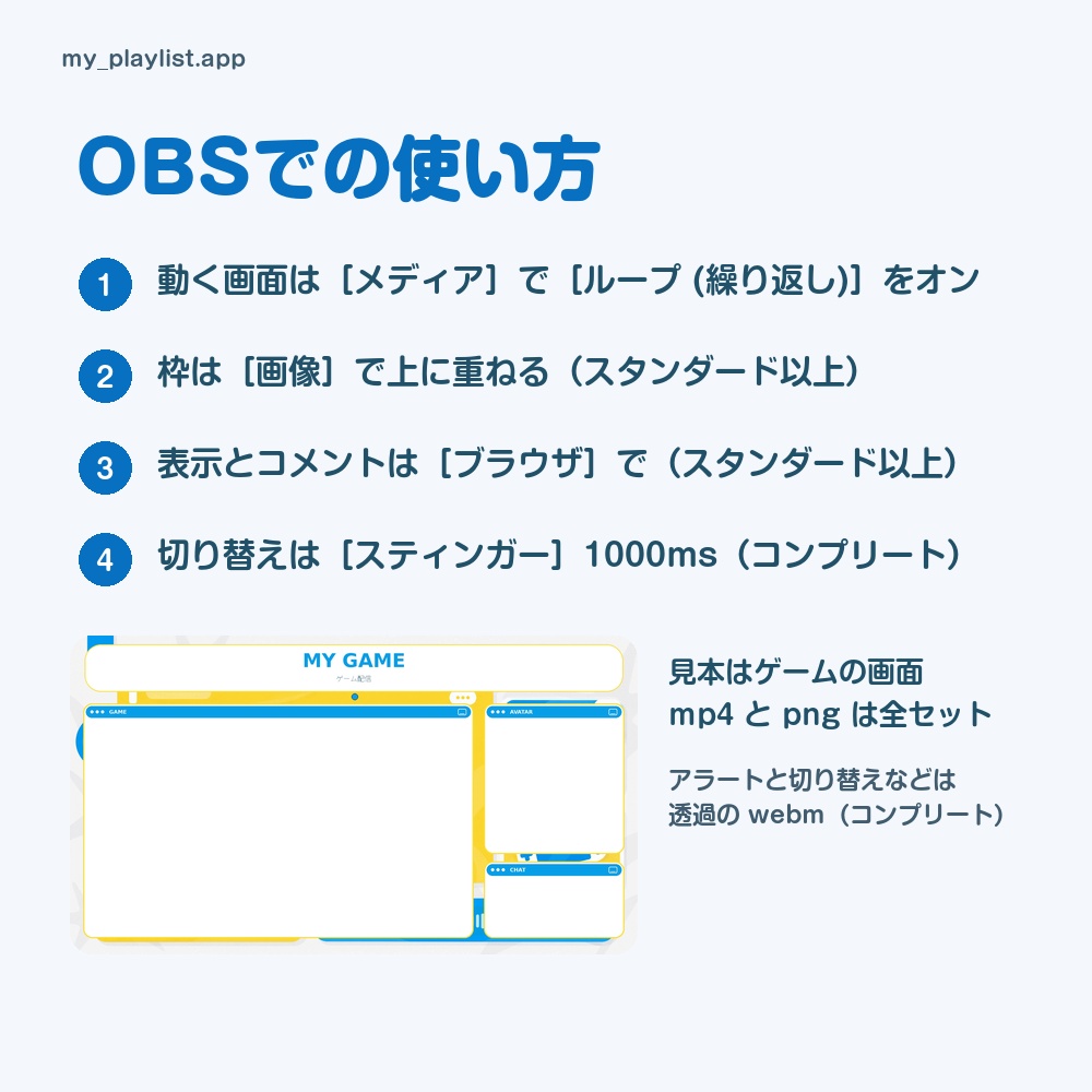 【動く配信画面】青と黄色の音楽アプリの窓とレコードプレーヤー PLAYLIST 待機・雑談・ゲーム・離席・終了|横・縦えらべる5セット