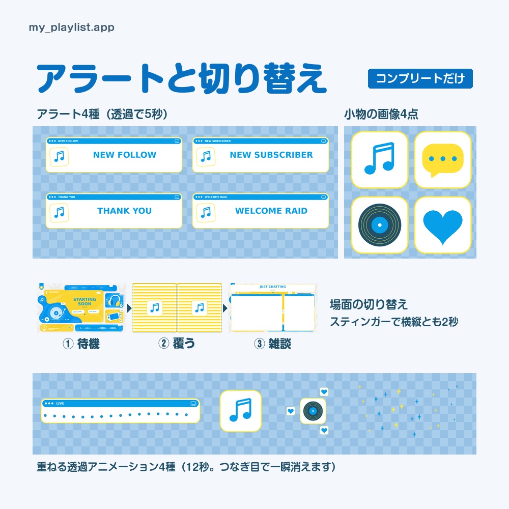 【動く配信画面】青と黄色の音楽アプリの窓とレコードプレーヤー PLAYLIST 待機・雑談・ゲーム・離席・終了|横・縦えらべる5セット