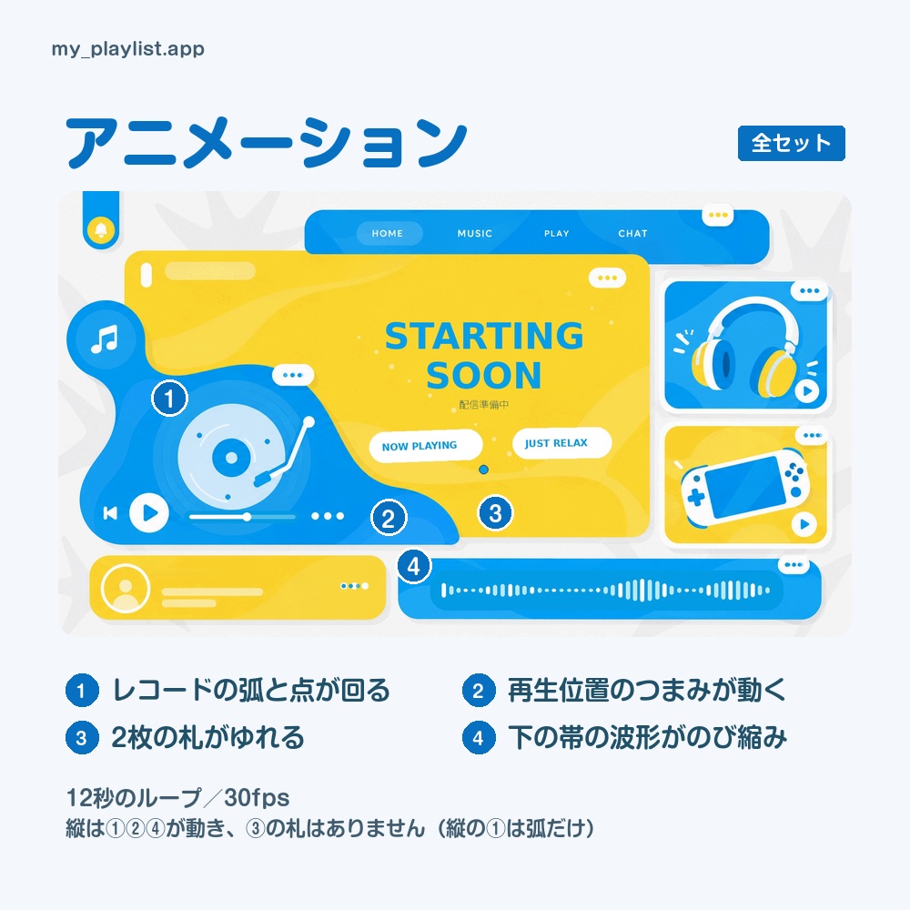 【動く配信画面】青と黄色の音楽アプリの窓とレコードプレーヤー PLAYLIST 待機・雑談・ゲーム・離席・終了|横・縦えらべる5セット