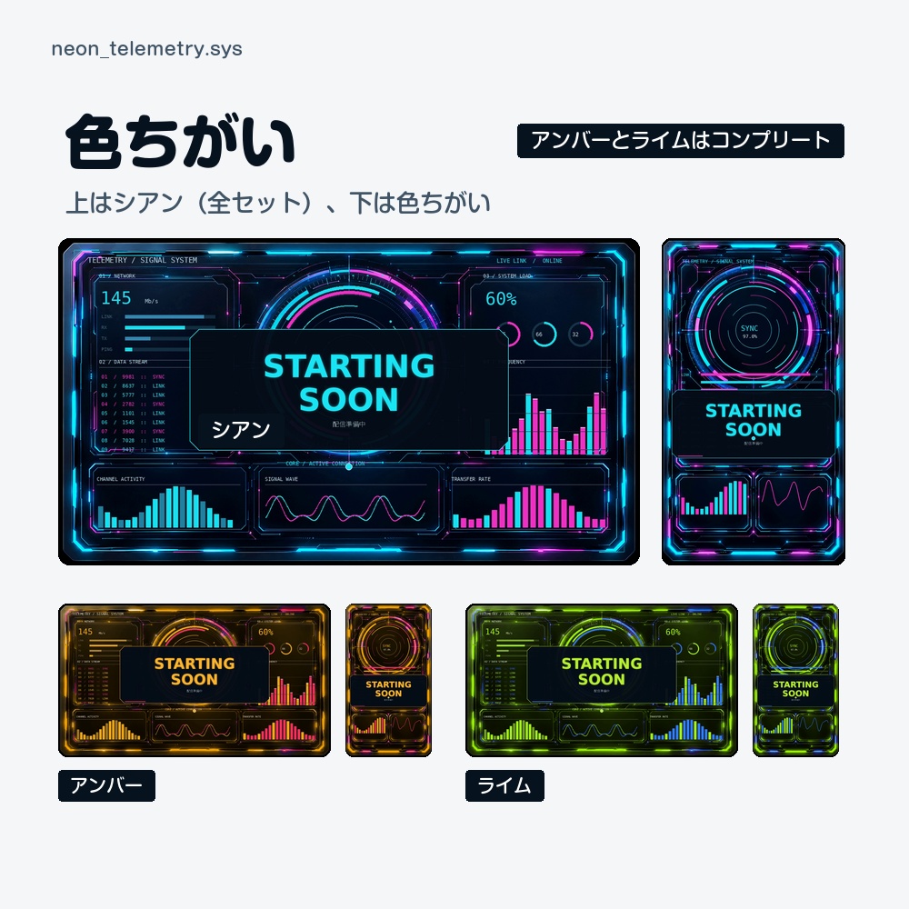 【動く配信画面】シアンとピンクに光る計器盤 NEON 待機・雑談・ゲーム・離席・終了|横・縦えらべる5セット