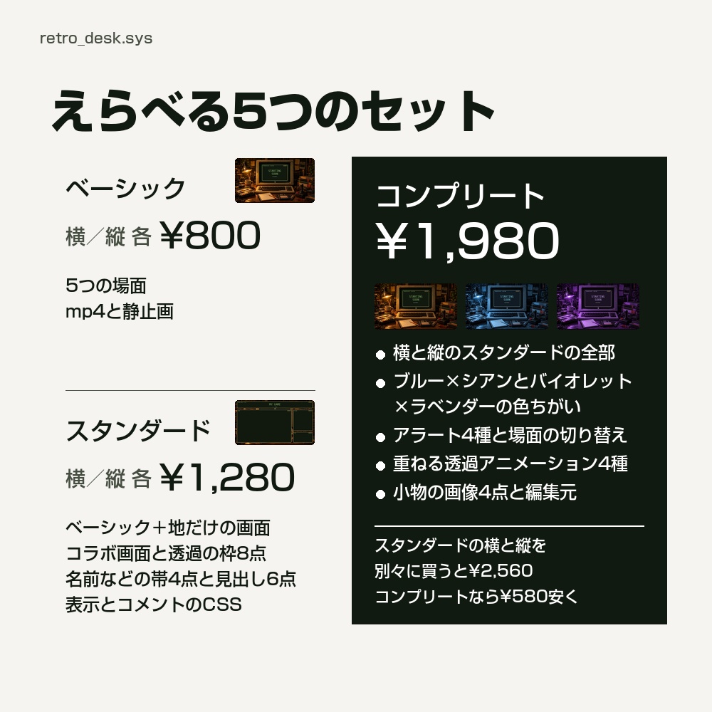 【動く配信画面】ランプの灯る夜のパソコン机 RETRO DESK 待機・雑談・ゲーム・離席・終了|横・縦えらべる5セット
