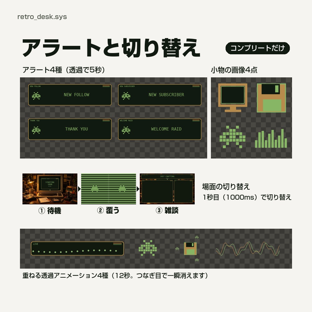 【動く配信画面】ランプの灯る夜のパソコン机 RETRO DESK 待機・雑談・ゲーム・離席・終了|横・縦えらべる5セット