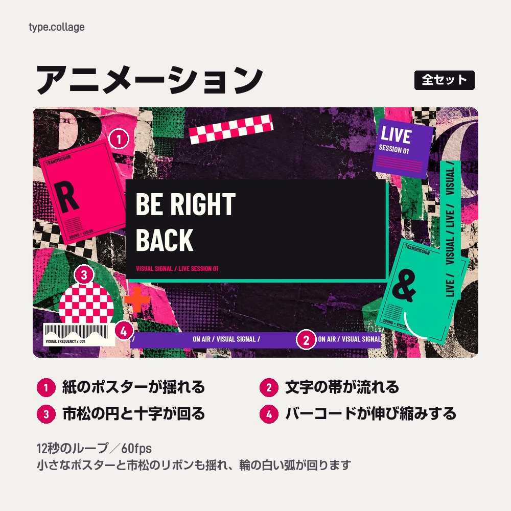 【動く配信画面】破れた紙と大きな文字のコラージュ TYPE COLLAGE 待機・雑談・ゲーム・離席・終了|横・縦えらべる5セット