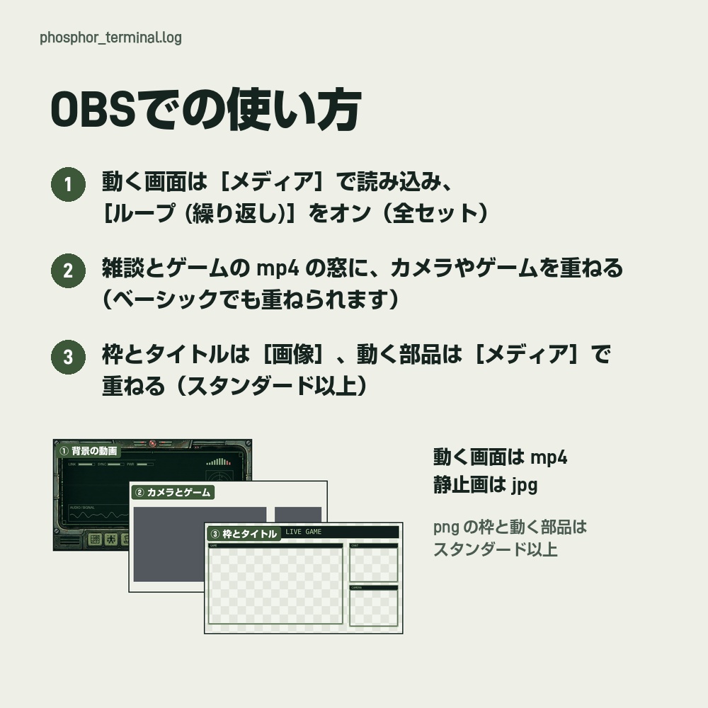 【動く配信画面】さびた金属のレトロな端末機 PHOSPHOR TERMINAL 待機・雑談・ゲーム・離席・終了|横・縦えらべる5セット