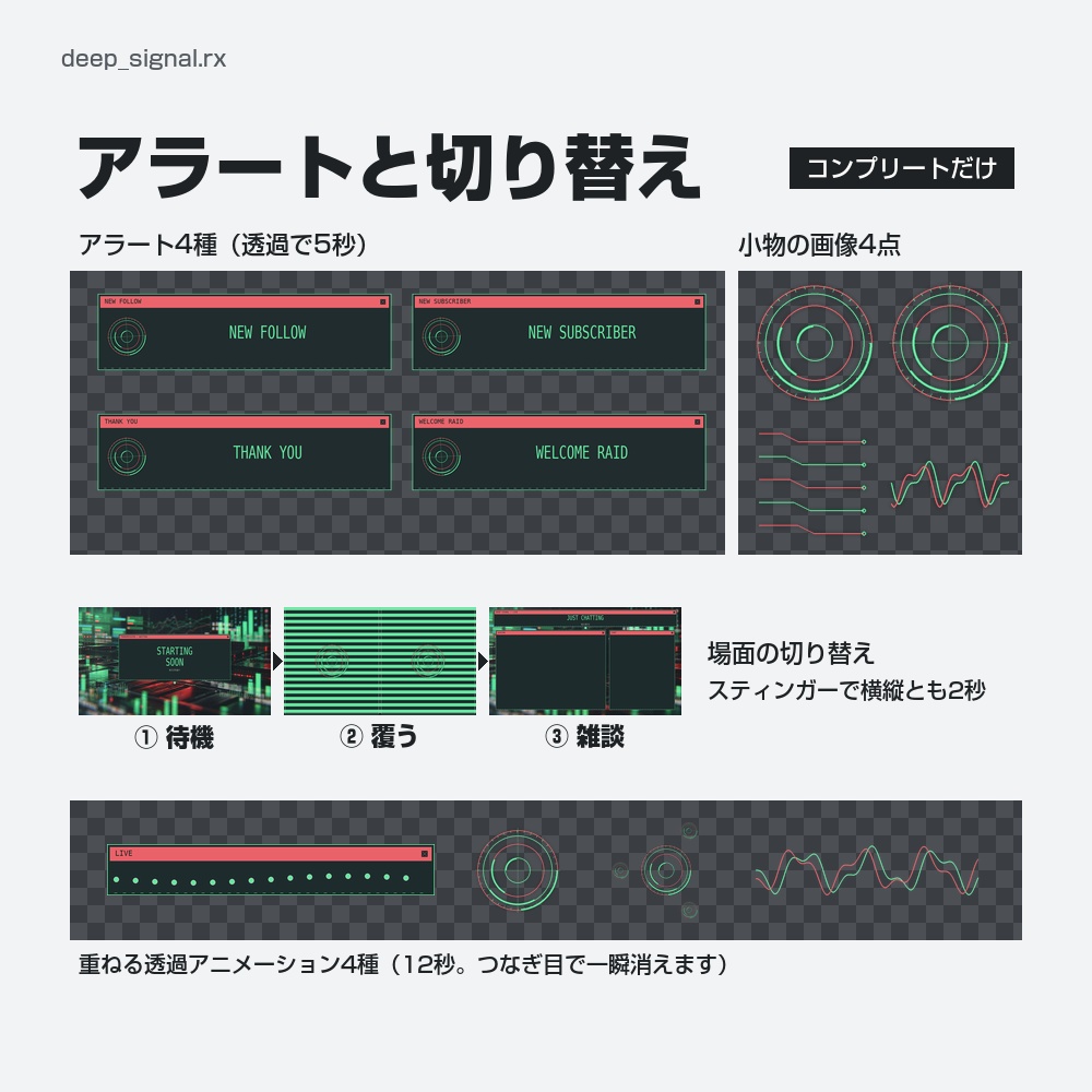 【動く配信画面】緑と赤に光る暗い端末のモニター DEEP SIGNAL 待機・雑談・ゲーム・離席・終了|横・縦えらべる5セット