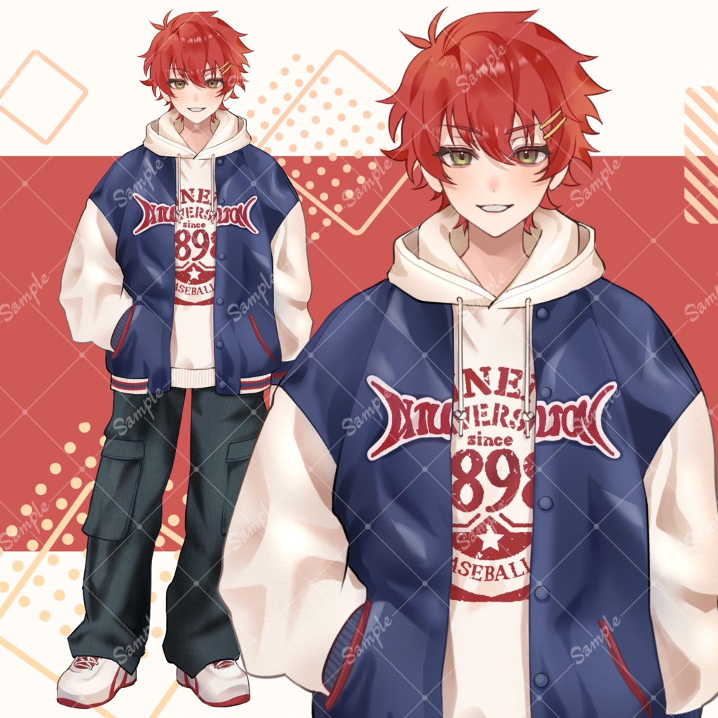 【全身立ち絵素材】赤髪パーカー&スタジャンの男の子