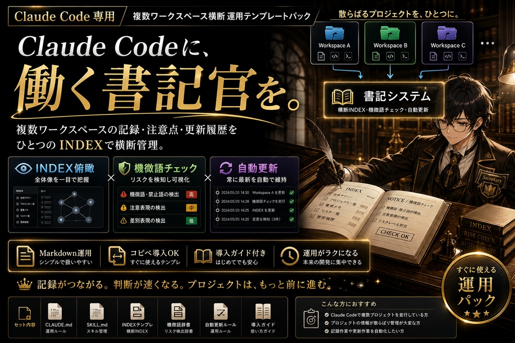 Claude Code 複数ワークスペース横断 書記システム ─ INDEX俯瞰＋機微語チェック＋自動更新の運用パック