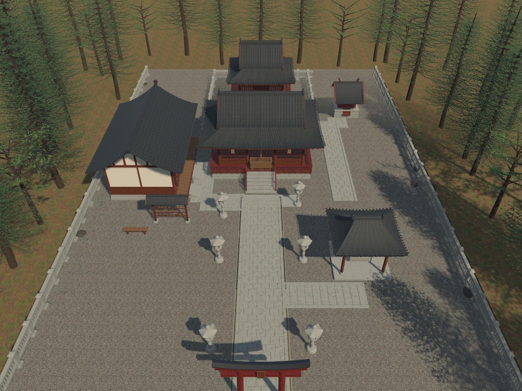 山上神社・境内セット|木と石の五棟・昼と夕景【Blender / Unity Built-in / FBX / GLB】