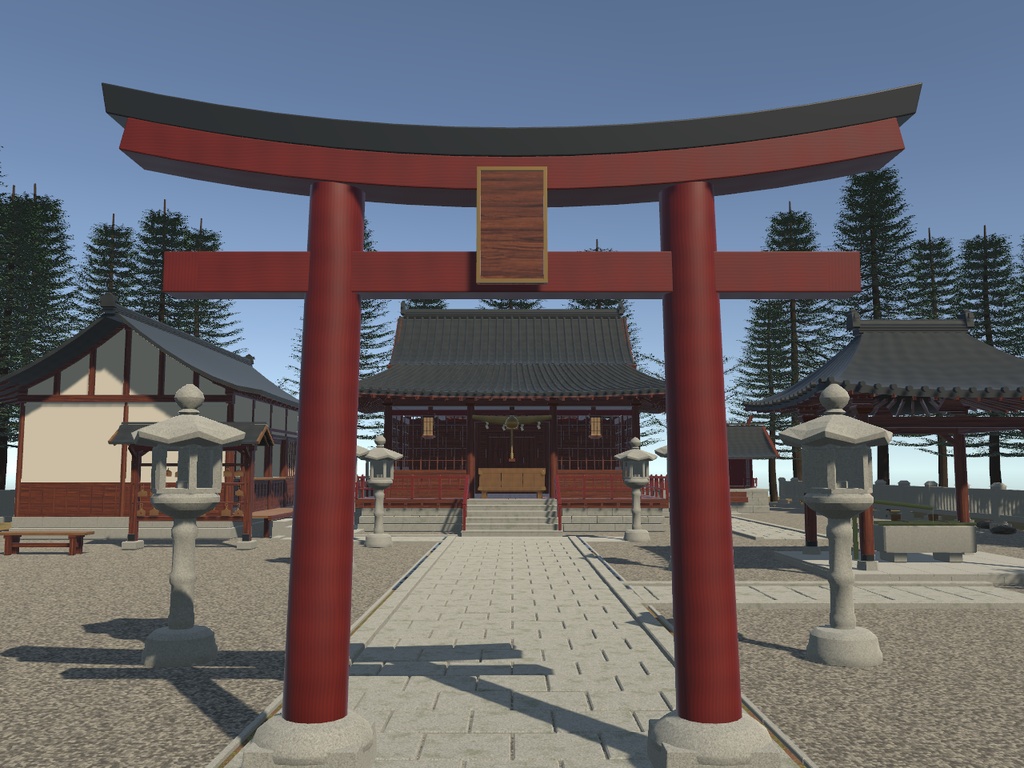 山上神社・境内セット|木と石の五棟・昼と夕景【Blender / Unity Built-in / FBX / GLB】