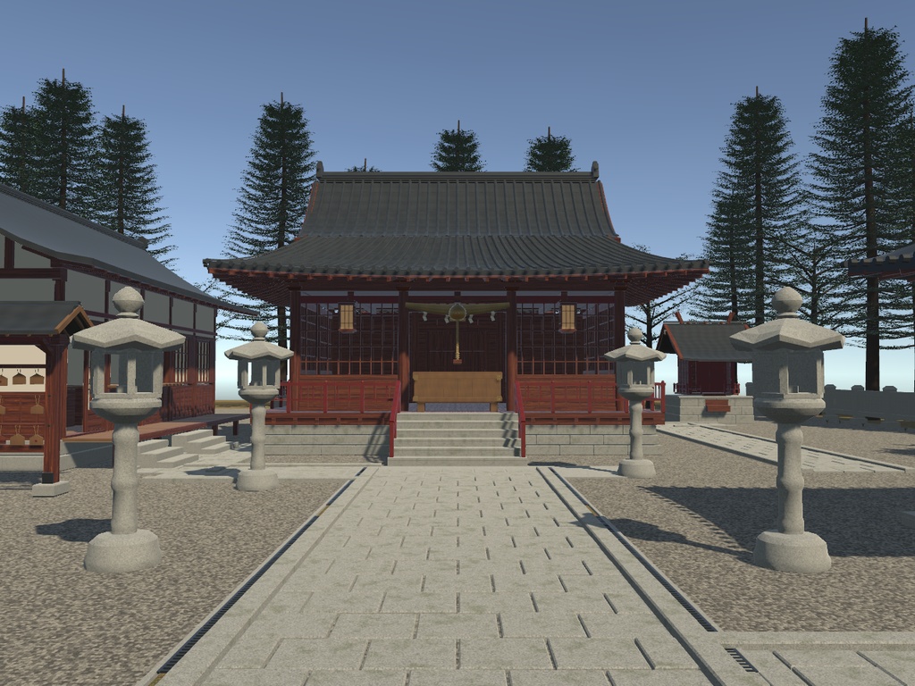 山上神社・境内セット|木と石の五棟・昼と夕景【Blender / Unity Built-in / FBX / GLB】