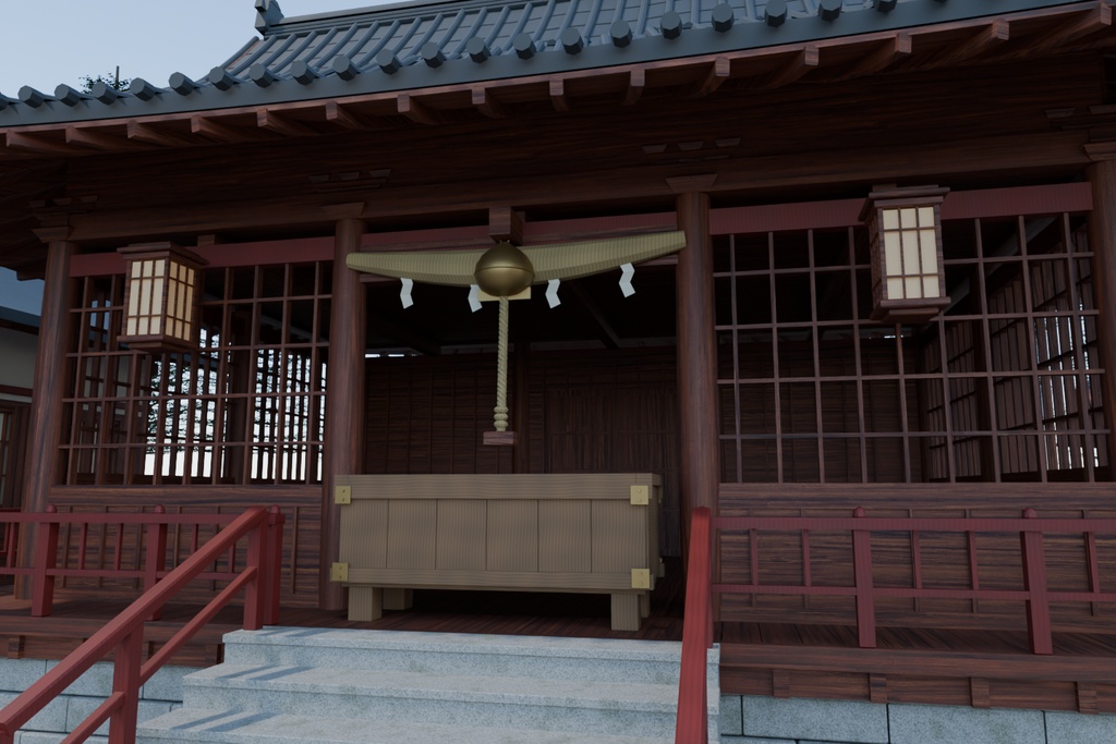 山上神社・境内セット|木と石の五棟・昼と夕景【Blender / Unity Built-in / FBX / GLB】