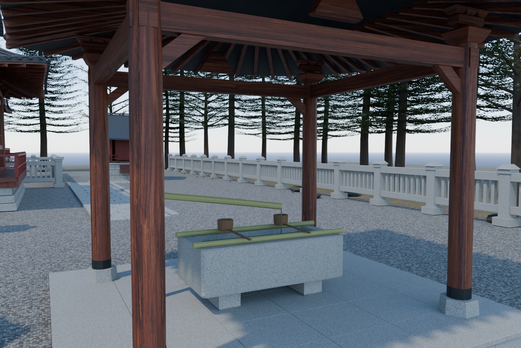 山上神社・境内セット|木と石の五棟・昼と夕景【Blender / Unity Built-in / FBX / GLB】