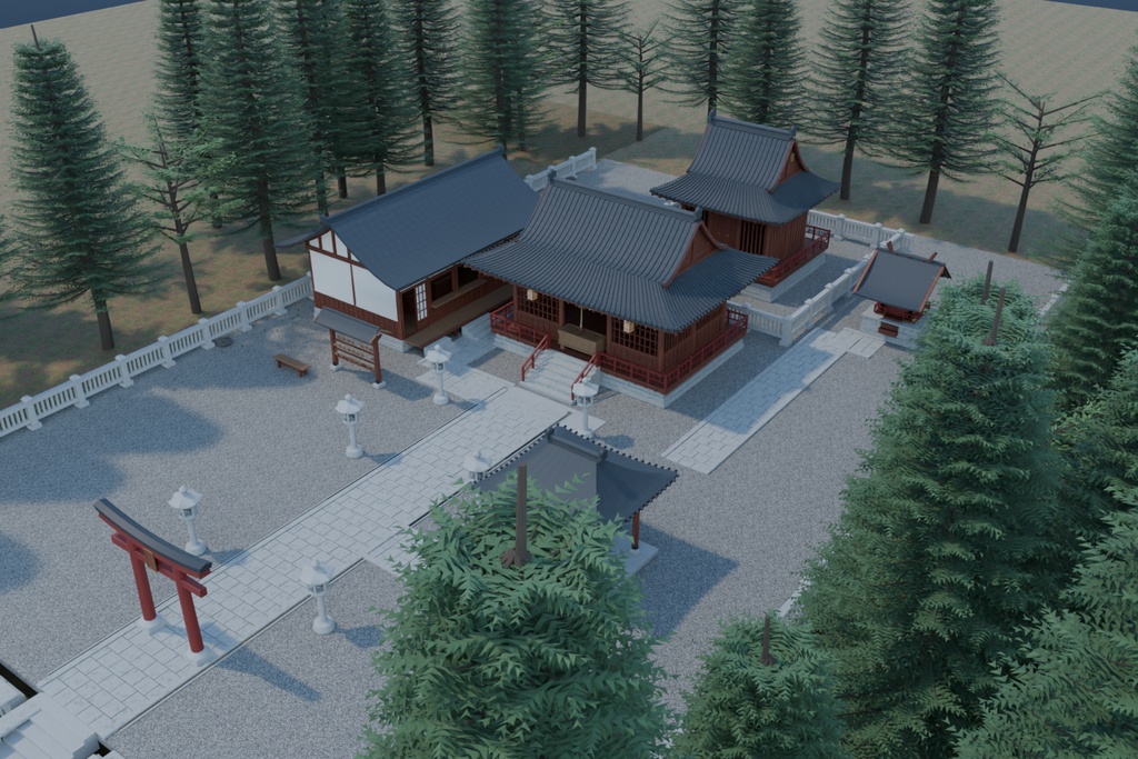 山上神社・境内セット|木と石の五棟・昼と夕景【Blender / Unity Built-in / FBX / GLB】