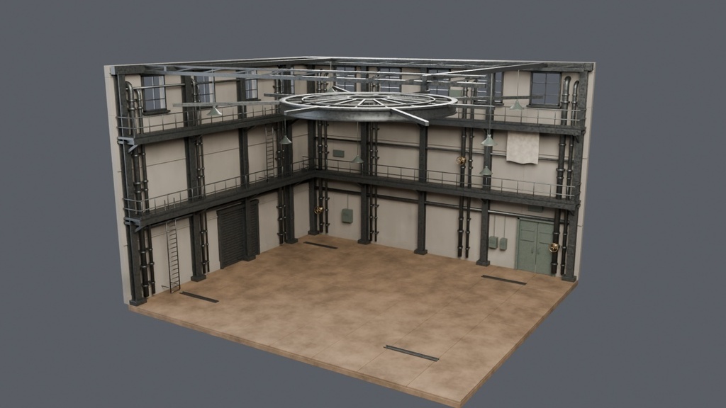 インダストリアル工場 建築キット|レンガ壁・鉄骨・キャットウォーク・天窓 30点【Blender / GLB】