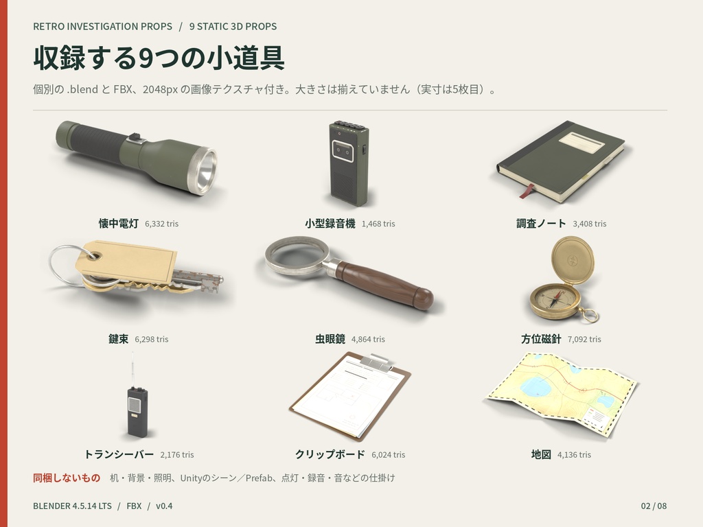 レトロ調査小道具セット|懐中電灯・録音機など9点【Blender / FBX】