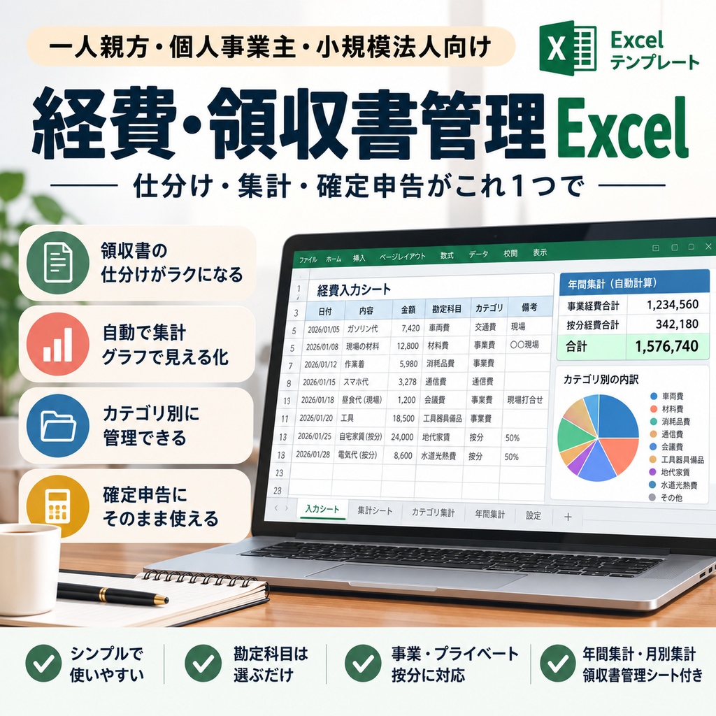 【商品タイトル】  一人親方・個人事業主向け｜経費・領収書管理Excel
