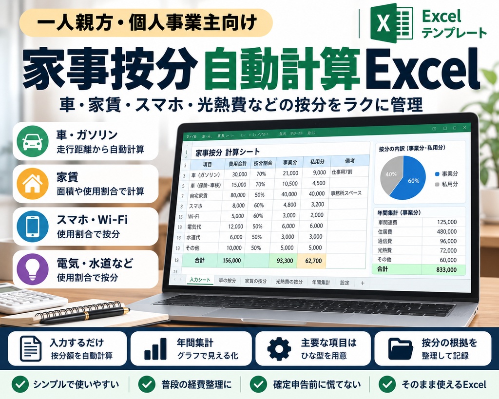 【商品タイトル】  一人親方・個人事業主向け｜家事按分 自動計算Excel
