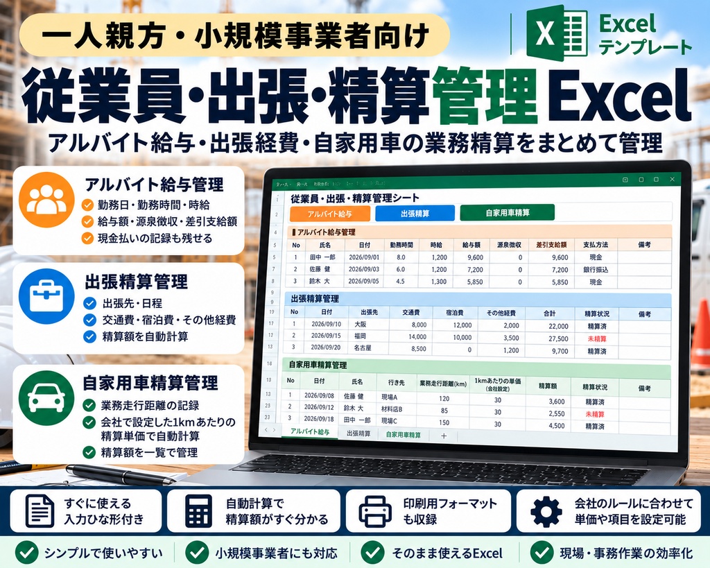 【商品タイトル】 一人親方・小規模事業者向け|従業員・出張・精算管理Excel