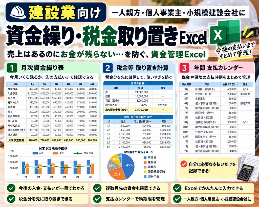 一人親方・個人事業主向け｜資金繰り・税金取り置きExcel
