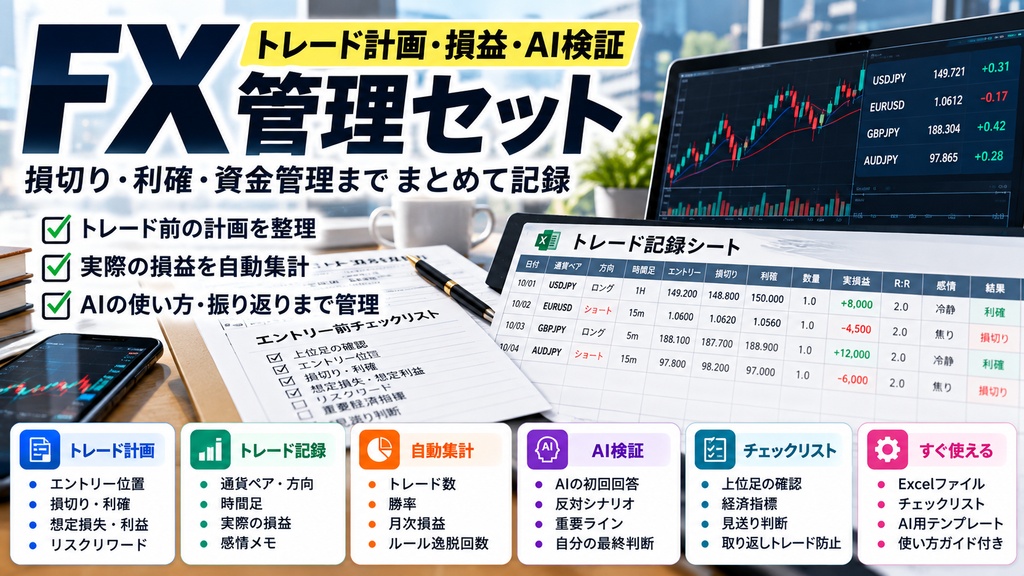 FXトレード計画・損益・AI検証 管理セット｜損切り・利確・資金管理までまとめて記録