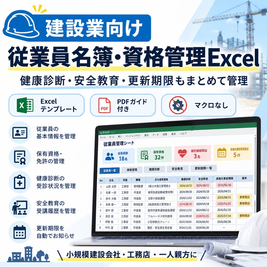 【建設業向け】従業員名簿・資格管理Excel｜健康診断・安全教育・更新期限もまとめて管理