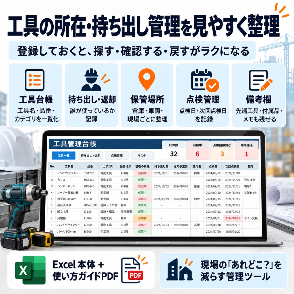【建設業向け】工具・機材管理Excel|工具検索・貸出返却・点検・盗難紛失管理