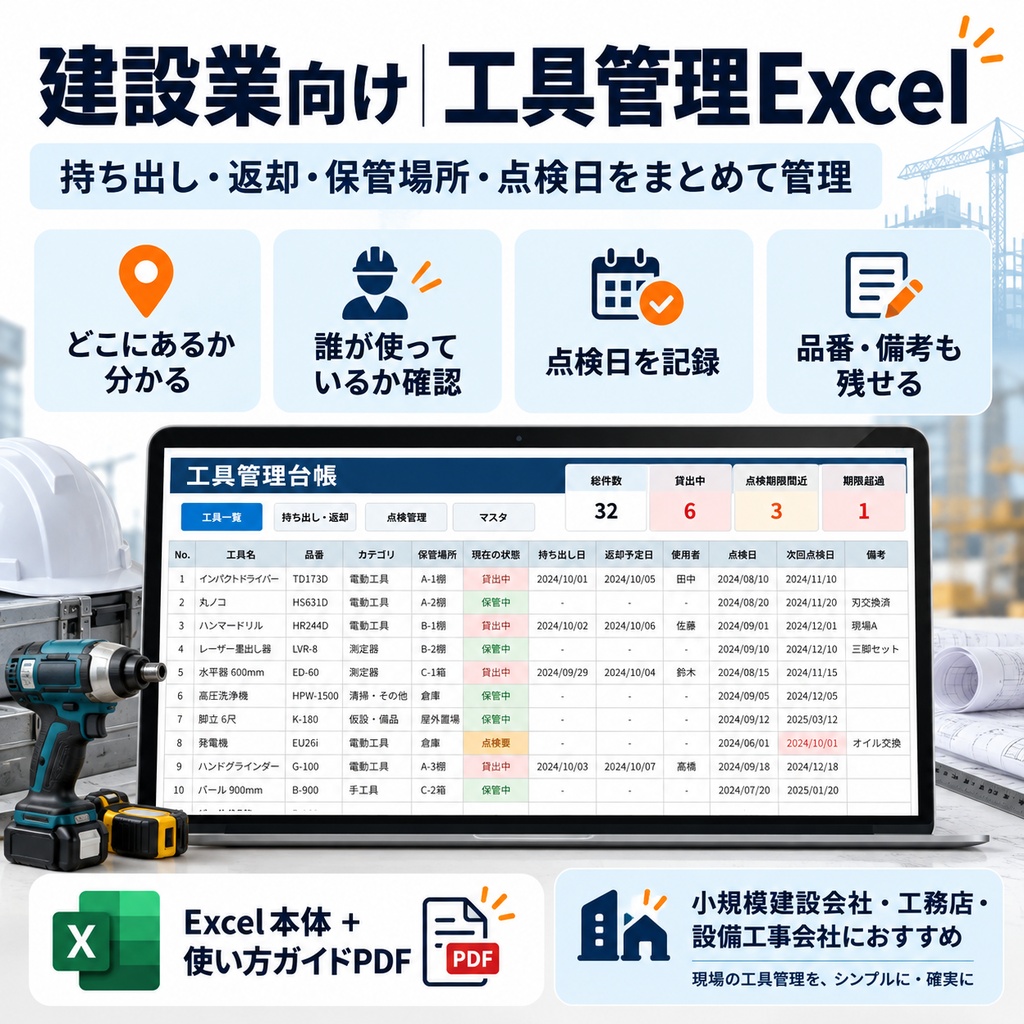 【建設業向け】工具・機材管理Excel|工具検索・貸出返却・点検・盗難紛失管理