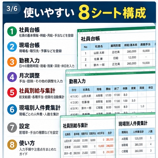 【建設業向け】給与・人件費管理Excel|勤怠・残業・休日・深夜割増・現場別集計