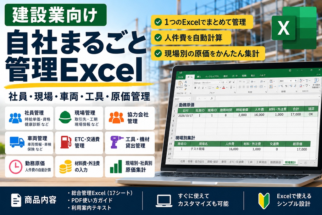 建設業向け｜自社まるごと管理Excel【社員・現場・車両・工具・原価管理】