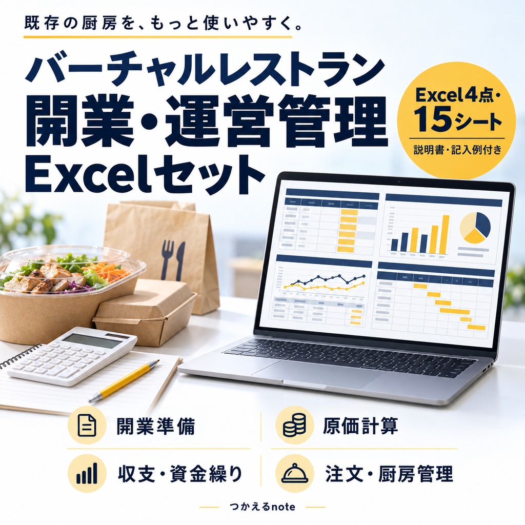 バーチャルレストラン 開業・運営管理Excelセット｜原価計算・収支・資金繰り・厨房管理