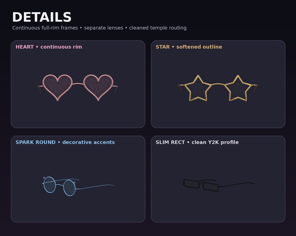 【VRChat向け】LunaFrame Variety Glasses Pack | 6 Styles | 64 Color Combos